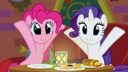 Size: 1280x720 | Tagged: safe, derpibooru import, screencap, pinkie pie, rarity, earth pony, pony, unicorn, spice up your life, cute, diapinkes, duo, female, food, hooves up, looking at you, mare, raribetes, smiling, the tasty treat