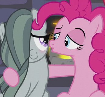 Size: 345x320 | Tagged: safe, derpibooru import, screencap, marble pie, pinkie pie, pony, hearthbreakers, blushing, hug, lidded eyes, out of context, sisters