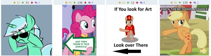 Size: 1965x524 | Tagged: safe, derpibooru import, applejack, lyra heartstrings, pinkie pie, oc, derpibooru, juxtaposition, juxtaposition bait, juxtaposition win, meme, meta, vulgar