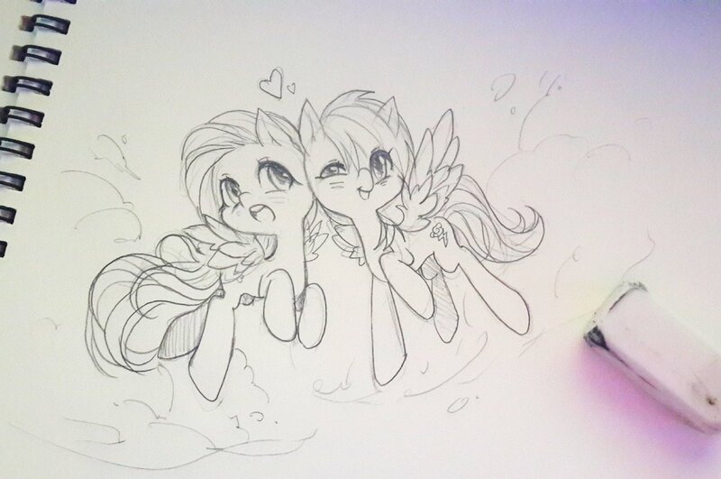 Size: 1200x797 | Tagged: safe, artist:odaefnyo, derpibooru import, fluttershy, rainbow dash, pegasus, pony, blushing, cute, eraser, female, flutterdash, flying, grayscale, heart, lesbian, mare, monochrome, pencil drawing, shipping, sketch, spread wings, traditional art