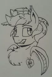 Size: 867x1280 | Tagged: safe, artist:notenoughapples, derpibooru import, oc, oc:apples, unofficial characters only, bat pony, pony, bust, grin, inktober, monochrome, race swap, smiling, solo, traditional art