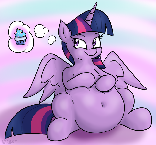 Size: 1263x1177 | Tagged: safe, artist:variant, derpibooru import, twilight sparkle, twilight sparkle (alicorn), alicorn, pony, belly, belly button, chubby, cupcake, fat, food, solo, thought bubble, twilard sparkle