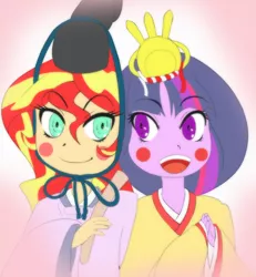 Size: 831x899 | Tagged: safe, artist:nipa, derpibooru import, sunset shimmer, twilight sparkle, equestria girls, :d, alternate costumes, alternate hairstyle, blush sticker, blushing, clothes, crossdressing, emperor, empress, female, heian period, hinamatsuri, humanized, japanese doll festival, junihitoe, kimono (clothing), lesbian, looking at each other, shipping, sunsetsparkle