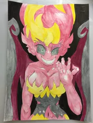 Size: 900x1200 | Tagged: safe, artist:nipa, derpibooru import, sunset shimmer, demon, equestria girls, belly button, breasts, busty sunset shimmer, female, slasher smile, solo, sunset satan, traditional art, transformation