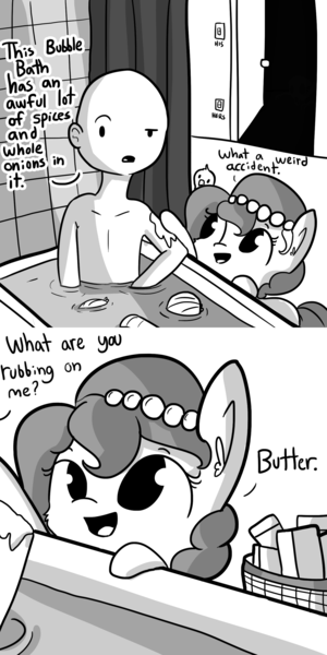 Size: 1440x2880 | Tagged: safe, artist:tjpones, derpibooru import, oc, oc:brownie bun, oc:gobbles, oc:richard, unofficial characters only, earth pony, human, pony, turkey, horse wife, bath, bathroom, bathtub, butter, comic, cooking, cute, ear fluff, exotic butters, female, food, grayscale, hidden, hubbo, human male, it's a trap, male, mare, monochrome, monster, onion, open mouth, raised eyebrow, scary, simple background, smiling, soup, when you see it, white background