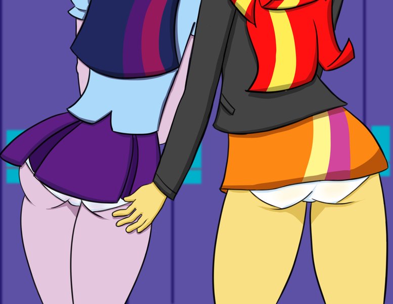 Size: 1280x989 | Tagged: questionable, artist:anonponymk7, derpibooru import, sunset shimmer, twilight sparkle, twilight sparkle (alicorn), equestria girls, behind, butt touch, clothes, female, lesbian, lockers, panties, panty shot, shipping, skirt, sunsetsparkle, underwear, upskirt, white underwear