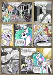 Size: 1363x1920 | Tagged: safe, artist:pencils, derpibooru import, limestone pie, princess celestia, oc, oc:anon, oc:fannie noveau, oc:moonglow twinkle, oc:scribe inksy, alicorn, earth pony, human, pony, unicorn, comic:anon's pie adventure, backpack, blushing, bowing, comic, crying, cute, cutelestia, descriptive noise, face down ass up, female, horse noises, human male, male, mare, meme, praise the sun, saitama, scenery, tears of joy, town