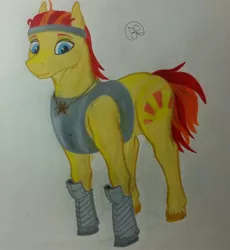 Size: 2146x2330 | Tagged: armor, artist:blastradiuss, boots, cleric, derpibooru import, dungeons and dragons, oc, oc:ruby ray, pen and paper rpg, ponyfinder, rpg, safe, solo, traditional art, unofficial characters only, unshorn fetlocks