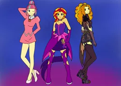 Size: 1754x1240 | Tagged: safe, artist:linedraweer, derpibooru import, adagio dazzle, sour sweet, sunset shimmer, equestria girls, boots, clothes, commission, costume, crossover, dress, halloween, halloween costume, hat, high heels, mercy, midnight sparkle, nurse, overwatch, panties, ponytail, shoes, skirt, stockings, underwear, upskirt, white underwear