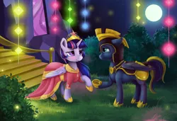 Size: 1024x702 | Tagged: safe, artist:stasushka, derpibooru import, twilight sparkle, twilight sparkle (alicorn), oc, oc:zephyr, alicorn, pony, armor, big crown thingy, canon x oc, clothes, dress, helmet, jewelry, male, moon, regalia, shipping, straight, twiphyr