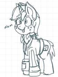 Size: 690x915 | Tagged: safe, artist:coatieyay, derpibooru import, oc, oc:littlepip, unofficial characters only, pony, unicorn, fallout equestria, fanfic, black and white, clothes, cutie mark, fanfic art, female, freckles, graph paper, grayscale, hooves, horn, lined paper, mare, mlem, monochrome, pipbuck, raspberry, simple background, sketch, solo, tongue out, vault suit, white background