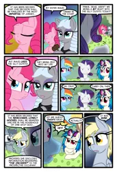 Size: 1024x1497 | Tagged: safe, artist:kazziepones, artist:zaron, derpibooru import, derpy hooves, maud pie, pinkie pie, rainbow dash, rarity, vinyl scratch, oc, oc:lonely hooves, pegasus, pony, comic:lonely hooves, female, glasses, mare