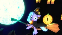 Size: 1920x1080 | Tagged: safe, artist:powdan, derpibooru import, princess luna, 3d, broom, clock, filly, flying, flying broomstick, full moon, hat, looking at you, moon, night, open mouth, smiling, solo, witch hat, woona, younger