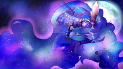 Size: 1024x576 | Tagged: dead source, safe, artist:dream--chan, derpibooru import, princess luna, deviantart watermark, galaxy mane, obtrusive watermark, solo, starry eyes, stars, watermark, wingding eyes