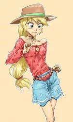 Size: 663x1100 | Tagged: safe, artist:invisibleone11, derpibooru import, applejack, equestria girls, legend of everfree, boob window, breasts, camp fashion show outfit, choker, cleavage, clothes, cowboy hat, cute, female, hat, jackabetes, off shoulder, simple background, solo, yellow background