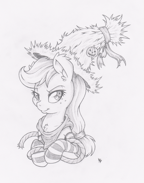 Size: 790x1000 | Tagged: safe, artist:dfectivedvice, derpibooru import, applejack, bandana, chest fluff, clothes, ear fluff, grayscale, hat, monochrome, prone, rope, socks, solo, striped socks, traditional art