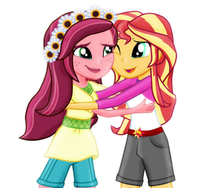 Size: 1068x937 | Tagged: safe, artist:majkashinoda626, derpibooru import, gloriosa daisy, sunset shimmer, equestria girls, legend of everfree, clothes, crying, flower, flower in hair, freckles, hug, open mouth, shorts, tears of joy