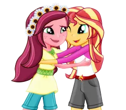 Size: 1068x937 | Tagged: safe, artist:majkashinoda626, derpibooru import, gloriosa daisy, sunset shimmer, equestria girls, legend of everfree, clothes, crying, flower, flower in hair, freckles, hug, open mouth, shorts, tears of joy