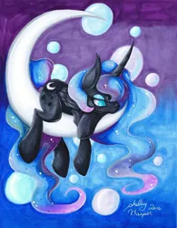 Size: 1274x1630 | Tagged: safe, artist:shelbyartist, derpibooru import, princess luna, alicorn, female, mare, marker drawing, moon, prone, solo, tangible heavenly object, traditional art