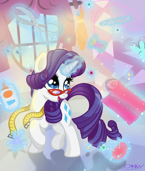 Size: 1100x1300 | Tagged: artist:sunsetcrady, art of the dress, derpibooru import, fabric, glasses, magic, measuring tape, needle, rarity, safe, scene interpretation, scissors, solo, suited for success, telekinesis, thread