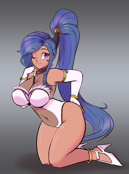 Size: 953x1280 | Tagged: adorasexy, ankle bracelet, artist:scorpdk, belly button, between breasts, big breasts, bodice, bracelet, breasts, busty princess celestia, choker, clothes, cosplay, costume, cute, cutelestia, derpibooru import, evening gloves, female, gloves, gradient background, gray background, high heels, human, humanized, jewelry, kneeling, leotard, looking at you, one eye closed, part of a set, ponytail, praise the sun, princess celestia, purple eyes, sexy, simple background, smiling, solo, solo female, stupid sexy celestia, suggestive, thong leotard, wand, wink