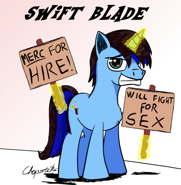 Size: 1554x1586 | Tagged: suggestive, artist:chopsticks, derpibooru import, oc, oc:swift blade, unofficial characters only, pony, unicorn, bedroom eyes, color, digital, green eyes, grin, implied sex, magic, mercenary, prostitution, sign, smiling, solo, telekinesis