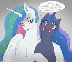 Size: 1280x1097 | Tagged: suggestive, artist:askamberfawn, derpibooru import, princess celestia, princess luna, alicorn, pony, princess molestia, :i, bedroom eyes, blushing, eating, female, frown, gradient background, hug, imminent sex, implied incest, incest, lesbian, looking at each other, mare, open mouth, princest, puffy cheeks, shipping, smiling, smirk, vulgar, whore, wide eyes
