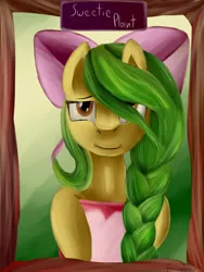 Size: 3000x4000 | Tagged: safe, artist:frozentear7, derpibooru import, oc, oc:sweetie plant, unofficial characters only, pony, bow, bust, cute, female, hair bow, mare, portrait, smiling, solo