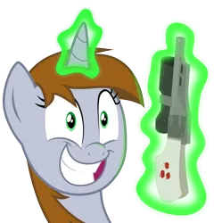 Size: 1500x1507 | Tagged: safe, artist:brisineo, derpibooru import, edit, oc, oc:littlepip, unofficial characters only, pony, unicorn, fallout equestria, fanfic, clothes, crazy face, faic, fanfic art, female, glowing horn, gun, handgun, imminent death, little macintosh, magic, mare, revolver, simple background, smiling, solo, telekinesis, this will end in death, transparent background, vector, weapon