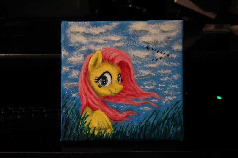 Size: 1280x854 | Tagged: acrylic painting, artist:horseez, derpibooru import, fluttershy, looking at you, painting, photo, safe, sky, solo, traditional art, windswept mane