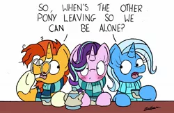 Size: 1973x1290 | Tagged: safe, artist:bobthedalek, derpibooru import, starlight glimmer, sunburst, trixie, pony, unicorn, bisexual, blushing, clothes, cup, dialogue, female, frown, hoof hold, lesbian, love triangle, male, mare, open mouth, polyamory, scarf, shipping, simple background, starburst, startrix, startrixburst, straight, table, teacup, teapot, trio, underhoof, white background, wide eyes