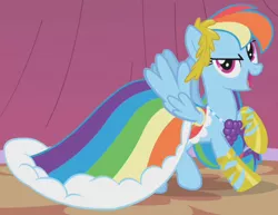 Size: 570x440 | Tagged: safe, derpibooru import, screencap, rainbow dash, pegasus, pony, suited for success, clothes, cropped, dress, flying, gala dress, model, modeling, outfit catalog, rainbow dash always dresses in style, solo