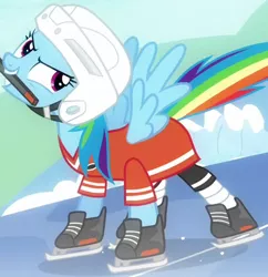 Size: 417x431 | Tagged: safe, derpibooru import, screencap, rainbow dash, pegasus, pony, tanks for the memories, cropped, female, helmet, hockey, hockey helmet, hockey stick, ice hockey, ice skates, mare, outfit catalog, siki, solo