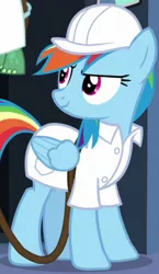 Size: 266x460 | Tagged: safe, derpibooru import, screencap, rainbow dash, tank, pegasus, pony, tanks for the memories, clothes, cropped, female, hard hat, hat, lab coat, mare, outfit catalog, solo focus, weather factory uniform