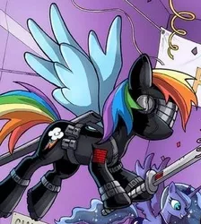 Size: 313x349 | Tagged: safe, derpibooru import, idw, princess luna, rainbow dash, spoiler:comic, clash of hasbro's titans, clothes, costume, g.i. joe, g.i. joe rise of cobra, image, outfit catalog, png, snake eyes, sword, weapon