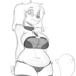 Size: 903x909 | Tagged: anthro, artist:reiduran, barely pony related, big breasts, breasts, chubby, clothes, collar, dead source, derpibooru import, diamond dog, female, female diamond dog, glasses, monochrome, oc, oc:chalk, plump, solo, solo female, suggestive, underwear, unofficial characters only