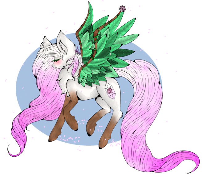 Size: 1600x1428 | Tagged: safe, artist:niniibear, derpibooru import, pegasus, pony, brown, cute, green, hair, lotus love, pink, solo, wood