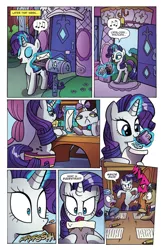 Size: 994x1528 | Tagged: safe, artist:agnesgarbowska, derpibooru import, idw, filthy rich, rarity, cat, earth pony, pony, unicorn, spoiler:comic, spoiler:comic47, angry, carousel boutique, comic, cropped, female, glasses, male, mare, official comic, preview, speech bubble, stallion