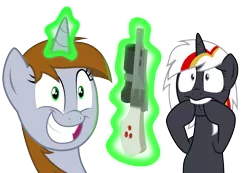 Size: 1441x1000 | Tagged: safe, artist:brisineo, derpibooru import, oc, oc:littlepip, oc:velvet remedy, unofficial characters only, pony, unicorn, fallout equestria, fanfic, top bolt, crazy face, delet this, duo, faic, fanfic art, female, glowing horn, grin, gun, handgun, hoof biting, horn, imminent death, little macintosh, magic, mare, meme, revolver, simple background, smiling, telekinesis, this will end in death, transparent background, vector, weapon, worried