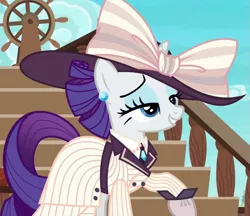 Size: 835x720 | Tagged: safe, derpibooru import, screencap, rarity, pony, unicorn, ppov, bow, clothes, costume, cropped, dress, female, hat, mare, outfit catalog, raised hoof, raristocrat, rose dewitt bukater, solo, titanic