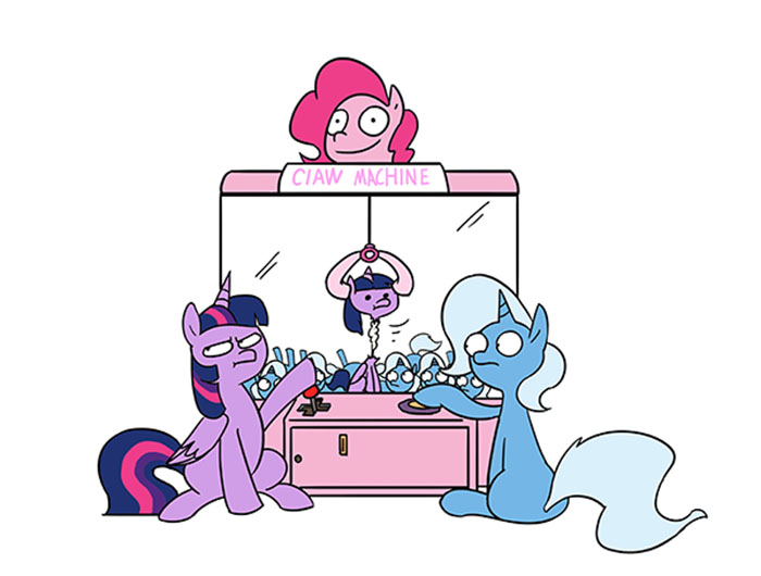 Size: 700x530 | Tagged: safe, artist:hairyfood, derpibooru import, pinkie pie, trixie, twilight sparkle, twilight sparkle (alicorn), alicorn, pony, unicorn, arcade game, claw machine, egophiliac-ish, eyes on the prize, female, inconvenient trixie, mare, plushie, ripped, simple background, style emulation, white background, woonoggles