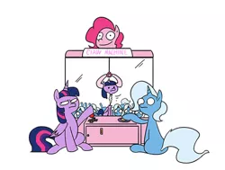 Size: 700x530 | Tagged: safe, artist:hairyfood, derpibooru import, pinkie pie, trixie, twilight sparkle, twilight sparkle (alicorn), alicorn, pony, unicorn, arcade game, claw machine, egophiliac-ish, eyes on the prize, female, inconvenient trixie, mare, plushie, ripped, simple background, style emulation, white background, woonoggles