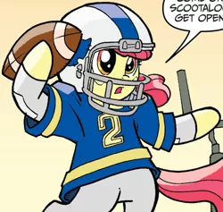 Size: 720x682 | Tagged: american football, apple bloom, derpibooru import, football helmet, friends forever, gradient background, helmet, idw, open mouth, outfit catalog, safe, solo, spoiler:comic, spoiler:comicff2