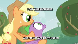 Size: 1280x720 | Tagged: safe, derpibooru import, screencap, applejack, spike, dragon, earth pony, pony, apple family reunion, behaving like a weapon, discworld, duo, female, fire breath, flamethrower, flamethrower spike, image macro, male, mare, meme, movie quote, movie reference, parody, shrek, sparks, text, zippo spike