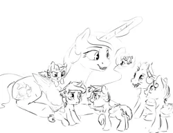 Size: 1280x989 | Tagged: safe, artist:silfoe, derpibooru import, princess celestia, princess flurry heart, unnamed pony, oc, oc:eventide glisten, oc:pterus, oc:twilight dapple, alicorn, bat pony, pony, other royal book, royal sketchbook, adopted offspring, alicorn oc, black and white, grayscale, magical lesbian spawn, monochrome, offspring, parent:princess cadance, parent:princess luna, parent:shining armor, parent:twilight sparkle, parents:shiningcadance, parents:twiluna, simple background, white background