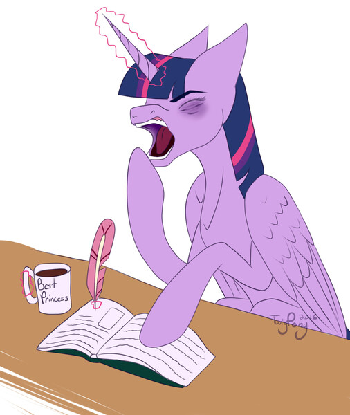 Size: 1289x1529 | Tagged: safe, artist:twigpony, derpibooru import, twilight sparkle, twilight sparkle (alicorn), alicorn, pony, bags under eyes, book, coffee, cup, eyes closed, open mouth, quill, reading, sleepy, solo, writing, yawn