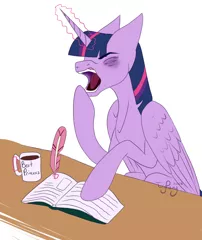 Size: 1289x1529 | Tagged: safe, artist:twigpony, derpibooru import, twilight sparkle, twilight sparkle (alicorn), alicorn, pony, bags under eyes, book, coffee, cup, eyes closed, open mouth, quill, reading, sleepy, solo, writing, yawn