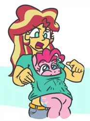 Size: 575x771 | Tagged: safe, artist:jargon scott, derpibooru import, pinkie pie, sunset shimmer, equestria girls, blue background, breasts, clothes, empty eyes, female, lesbian, looking down, no catchlights, no pupils, pinkie loves bacon bits, shipping, shirt, simple background, sunsetpie, white background