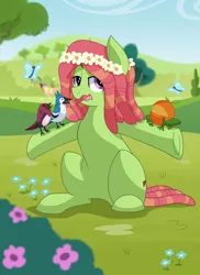 Size: 1440x1980 | Tagged: safe, artist:itstaylor-made, artist:kooner-cz, derpibooru import, fluttershy, orange frog, tree hugger, bird, blue jay, butterfly, earth pony, pony, make new friends but keep discord, dreadlocks, female, floral head wreath, hippie horse noises, mare, neigh, open mouth, sitting, solo, underhoof, wavy mouth