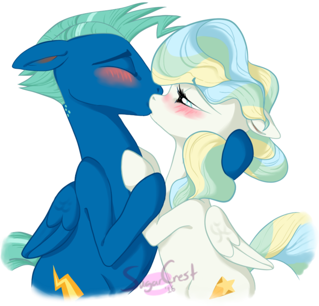 Size: 862x828 | Tagged: safe, artist:pumpiikin, derpibooru import, sky stinger, vapor trail, pegasus, pony, top bolt, blushing, eyes closed, female, kissing, lidded eyes, male, mare, shipping, simple background, stallion, transparent background, vaporsky